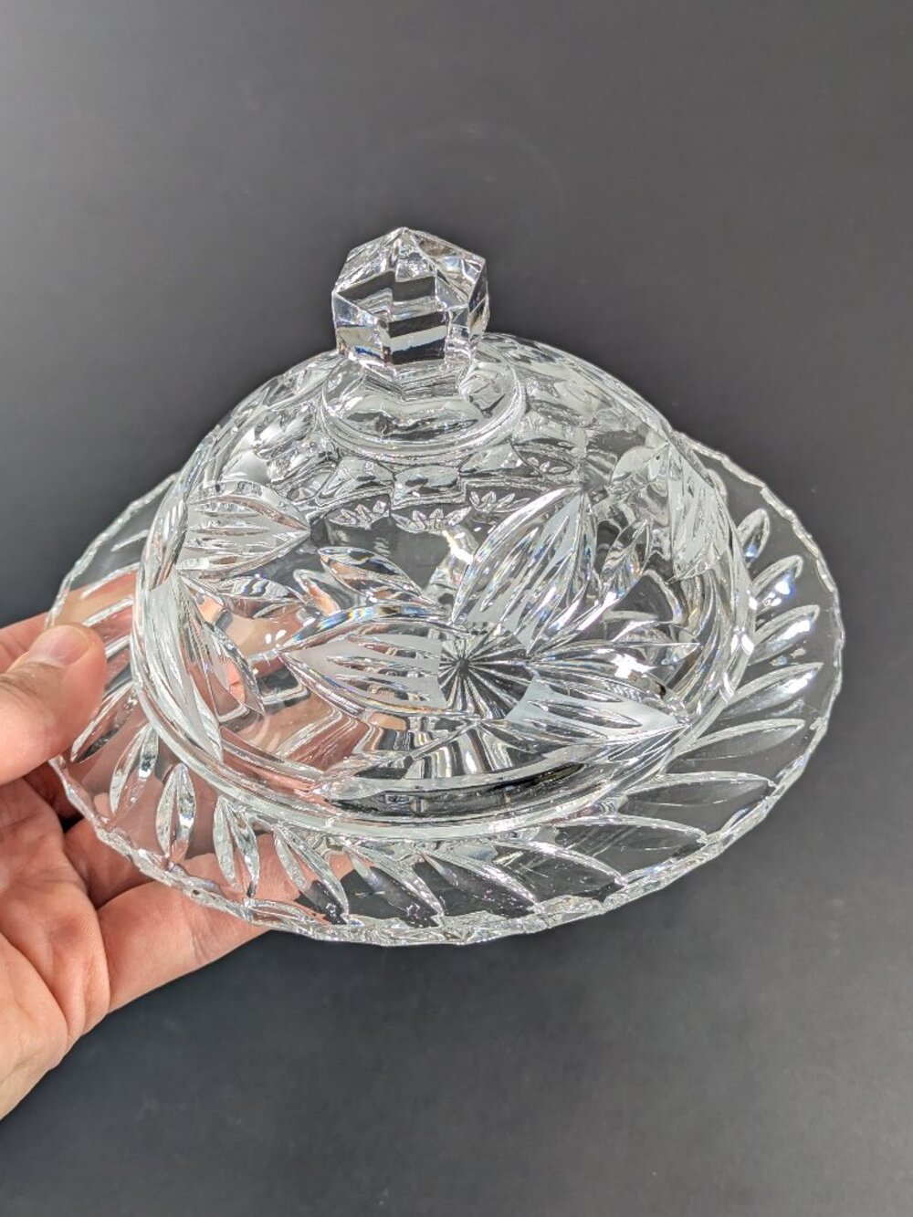 Heavy glass domed butter patty dish, Christmas Thanksgiving Holiday table dish